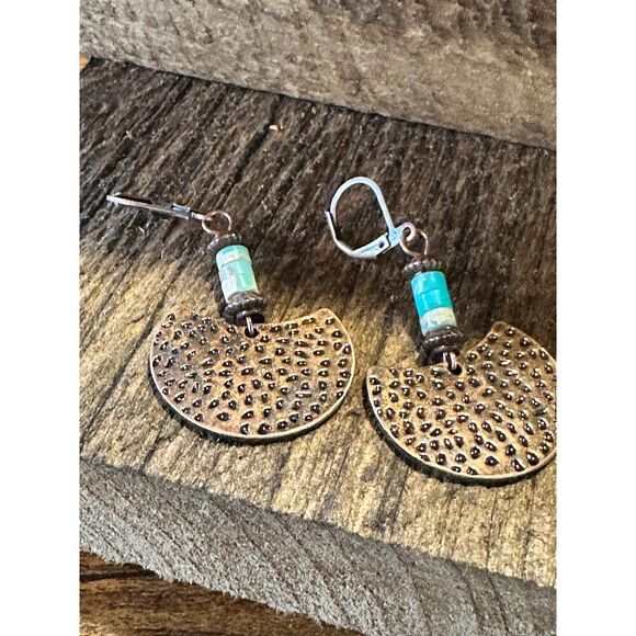 Boho Vintage Chic Southwestern Copper Dangle Wire Earrings, Turquoise Stone, Gi - Picture 1 of 10